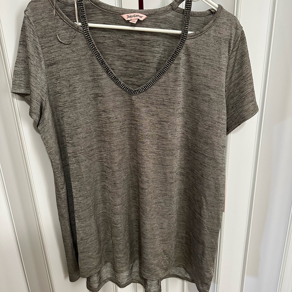 Gray V-Neck Top with Beaded Detail